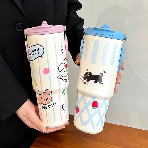 Cartoon Edelstahl Isolierbecher Ice King Cup 900ML Große Kapazität Vakuumflasche Mit Doppeltrinkdeckel Und Griff Tragbare Kaffeetasse Für Büro Auto Reise