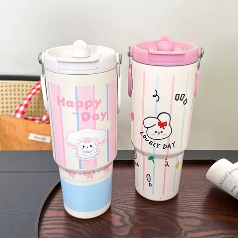 Cartoon Edelstahl Isolierbecher Ice King Cup 900ML Große Kapazität Vakuumflasche Mit Doppeltrinkdeckel Und Griff Tragbare Kaffeetasse Für Büro Auto Reise