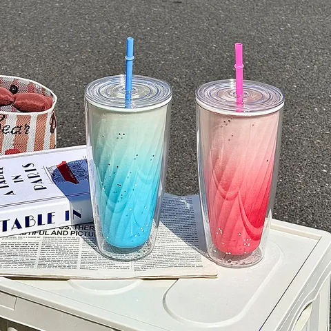 Gradient Double Layer Plastic Straw Cup With Stars Modern Simple Large Capacity Water Bottle For Students Office Home