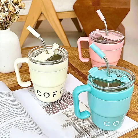 Ins Stil Edelstahl Kaffeebecher Mit Griff Und Strohhalm Tragbarer Vakuum Isoliert Becher Für Büro Reisen Tumbler