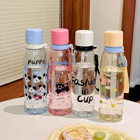 Portable Cartoon Plastic Straw Water Bottle Cute Animal Print Drinking Cup With Lanyard High Aesthetic Student Handy Cup