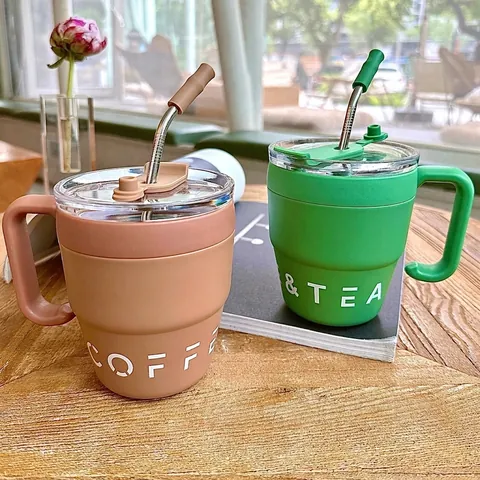 Ins Stil Edelstahl Kaffeebecher Mit Griff Und Strohhalm Tragbarer Vakuum Isoliert Becher Für Büro Reisen Tumbler