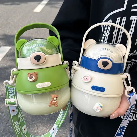 Cute Bear Shaped Plastic Water Bottle With Straw And Adjustable Strap Large Capacity Portable Leakproof Drinkware For Kids Students Outdoor
