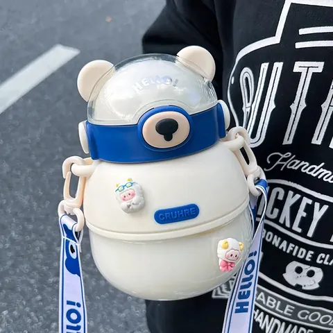 Cute Bear Shaped Plastic Water Bottle With Straw And Adjustable Strap Large Capacity Portable Leakproof Drinkware For Kids Students Outdoor
