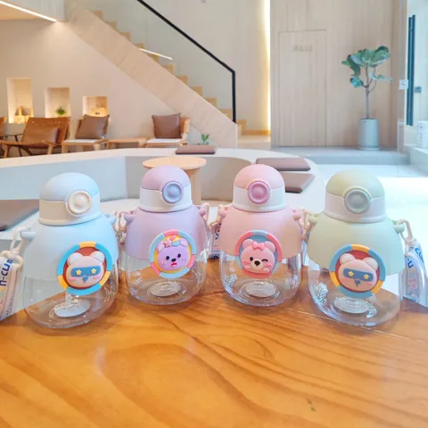 Kids Cartoon Large Belly Water Bottle Portable Plastic Straw Cup With Adjustable Crossbody Strap School Outdoor Drinking Bottle