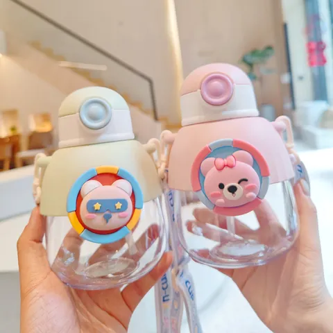 Kids Cartoon Large Belly Water Bottle Portable Plastic Straw Cup With Adjustable Crossbody Strap School Outdoor Drinking Bottle