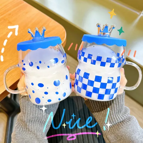 Klein Blue Glass Cup With Crown Lid And Handle Creative Geometric Pattern High Borosilicate Glass Water Mug For Home Office