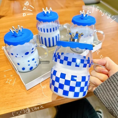 Klein Blue Glass Cup With Crown Lid And Handle Creative Geometric Pattern High Borosilicate Glass Water Mug For Home Office