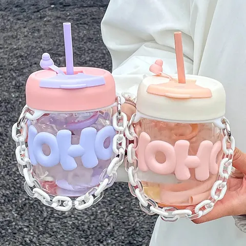 Ins Style High Borosilicate Glass Straw Cup Portable Water Bottle With Hand Chain And Silicone Sleeve For Girls