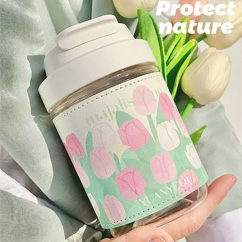 Fresh Tulip Print Glass Cup With Faux Leather Sleeve Dual-Drink Portable Anti-Scald Straw Water Bottle For Office Daily Women