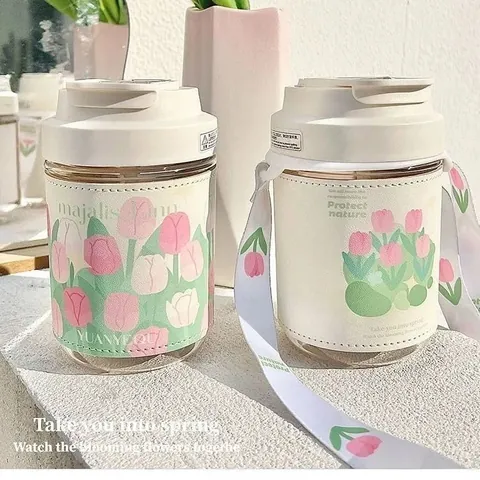 Fresh Tulip Print Glass Cup With Faux Leather Sleeve Dual-Drink Portable Anti-Scald Straw Water Bottle For Office Daily Women