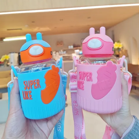 Cute Rabbit Ears Belly Cup High Appearance Kids Straw Cup Large Capacity Portable Plastic Water Bottle With Silicone Sleeve Strap