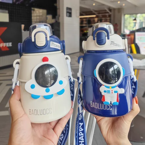 Astronaut Theme Big Belly Vacuum Flask Stainless Steel Insulated Water Bottle With Straw And Portable Strap For Outdoor Travel
