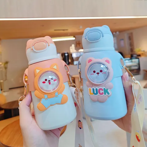 Botella de Agua Aislada para Niños de 520ml Taza con Pajita de Acero Inoxidable 316 Termo de Dibujos Animados Con Correa de Hombro Ajustable para Escuela Viajes al Aire Libre