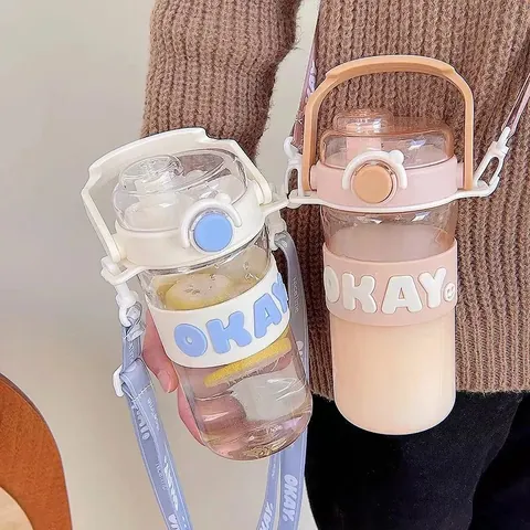 Modern Minimalist Large Capacity Plastic Water Bottle With Straw Portable Leak-proof Double Drink Cup With Adjustable Shoulder Strap