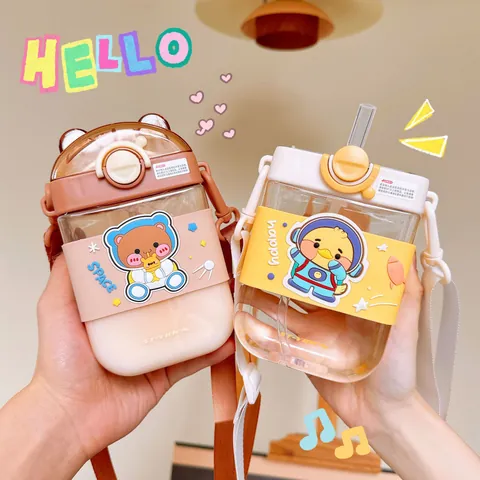 Cute Cartoon Square Straw Cup Portable Flat Plastic Water Bottle With Adjustable Strap For Kids Students School Travel
