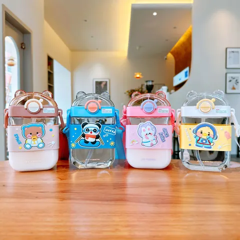 Cute Cartoon Square Straw Cup Portable Flat Plastic Water Bottle With Adjustable Strap For Kids Students School Travel
