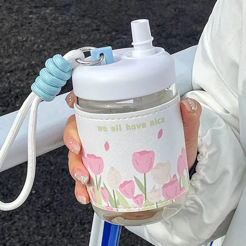 Gobelet à Eau Portable en Verre Borosilicaté Avec Étui en Cuir Isolant Motif Floral Bec Verseur Direct Bouteille Étanche Avec Dragonne