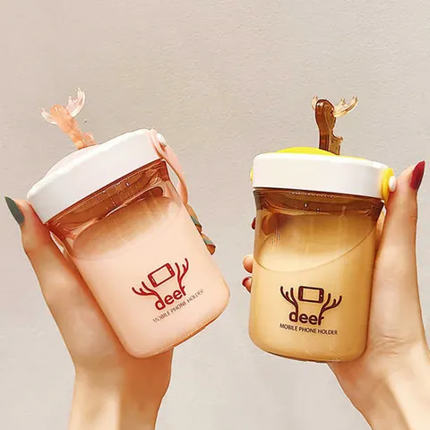 Cute Deer Antler Plastic Water Bottle With Mobile Phone Holder Lid Portable Student Outdoor Drinkware Leakproof Cup