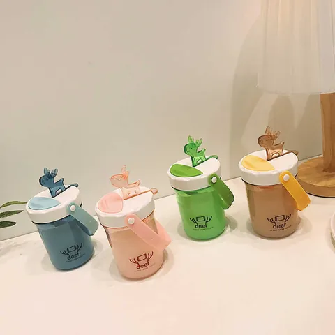 Cute Deer Antler Plastic Water Bottle With Mobile Phone Holder Lid Portable Student Outdoor Drinkware Leakproof Cup