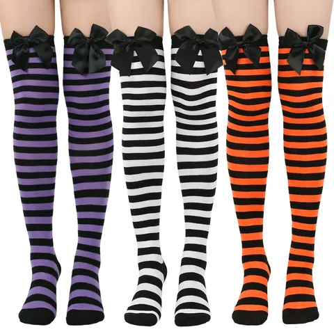 Calcetines Por Encima de la Rodilla Sexy a Rayas Para Mujer Con Lazo Medias Largas Hasta el Muslo Para Fiesta Cosplay