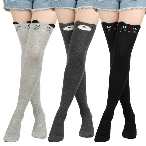 Women Cute Cat Over The Knee Socks Kawaii Animal Cartoon Design Knitted High Tube Stockings Polyester Cotton Spandex Leg Warmers