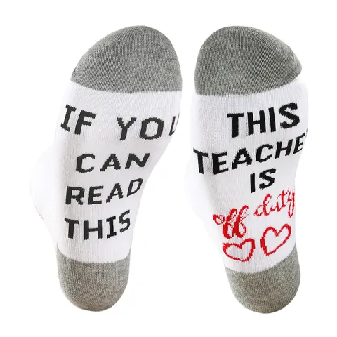 Funny Nurse Teacher Off Duty Slogan Crew Socks White Gray Cotton Blend Contrast Toe Heel Hosiery Novelty Gift For Women