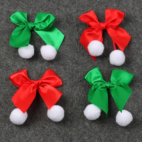 Lazo de Cinta de Satén de Navidad con Pompones Accesorio de Bricolaje para Ropa Bolsa Decoración Festiva Rojo Verde Adorno Hecho a Mano