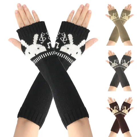 Dames Winter Warm Acryl Gebreide Vingerloze Armwarmers Konijnenpatroon Jacquard Lange Mouwen Zachte Thermische Handwarmer Handschoenen