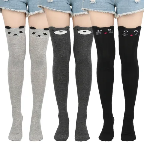 Women Cute Cat Over The Knee Socks Kawaii Animal Cartoon Design Knitted High Tube Stockings Polyester Cotton Spandex Leg Warmers