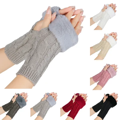 Women Cable Knit Fingerless Gloves Faux Fur Trim Winter Warm Acrylic Knitted Arm Warmers Fashion Wrist Mittens Outdoor Accessories
