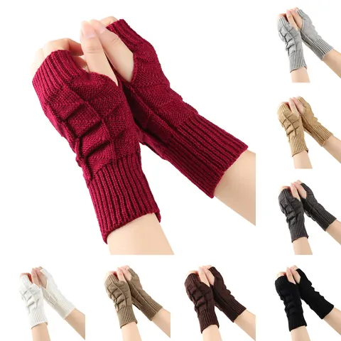Womens Winter Warm Knitted Fingerless Gloves Jacquard Argyle Pattern Solid Color Acrylic Hand Warmers Long Arm Sleeves