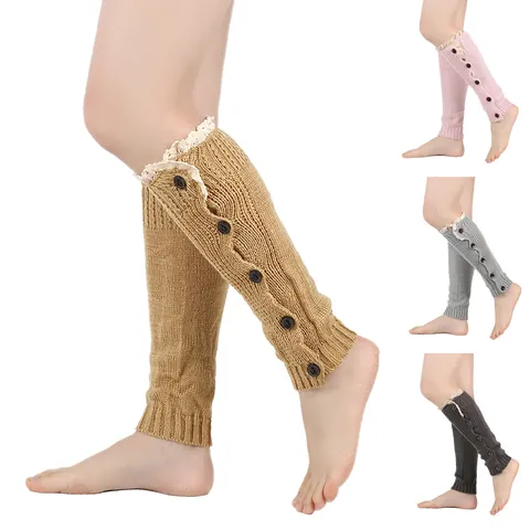 Women Knitted Leg Warmers With Lace Trim And Button Decor Crochet Boot Cuffs Soft Warm Cable Knit Foot Covers Socks