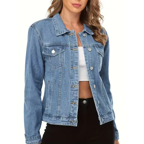 Veste en Jean Femme Grande Taille Minimaliste Manches Longues Coupe Ample Revers Poches à Rabat Haut en Denim pour Printemps Automne