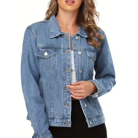 Veste en Jean Femme Grande Taille Minimaliste Manches Longues Coupe Ample Revers Poches à Rabat Haut en Denim pour Printemps Automne