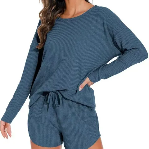 Women Waffle Knit Loungewear Top And Bottom Solid Color Round Neck Long Sleeve Top And Drawstring Shorts Casual Pajamas