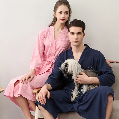 Peignoir Léger en Tissage Gaufre pour Hommes et Femmes Couple Pyjama Fin Polyester Col en V Ceinture à Nouer Vêtements de Détente Robe de Spa