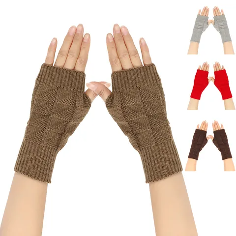Womens Winter Warm Knitted Fingerless Gloves Jacquard Argyle Pattern Solid Color Acrylic Hand Warmers Long Arm Sleeves