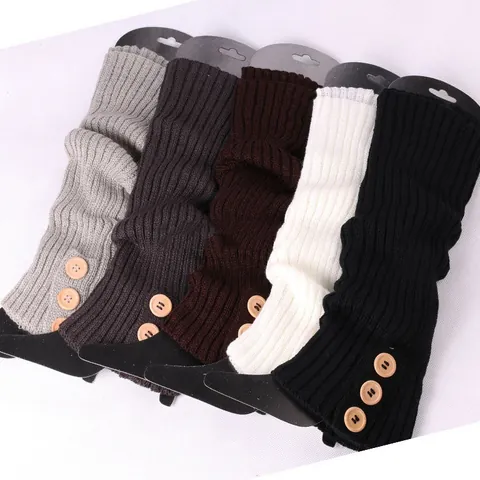 Women Acrylic Ribbed Knit Leg Warmers Slouch Socks Three Button Design Winter Warm Boot Cuffs Jacquard Striped Foot Covers