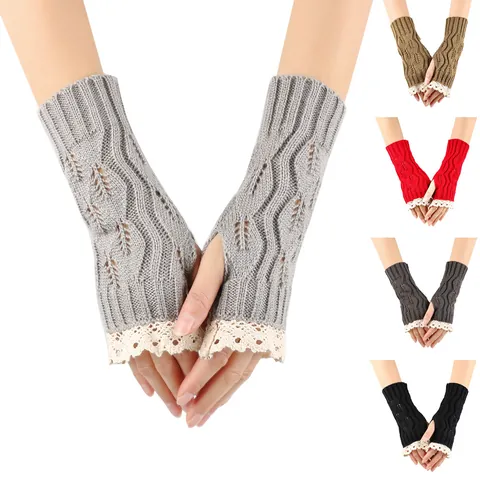 Women Winter Knit Fingerless Gloves Lace Trim Hollow Leaf Pattern Arm Warmers Warm Acrylic Crochet Half Finger Mittens Fashion Sleeves