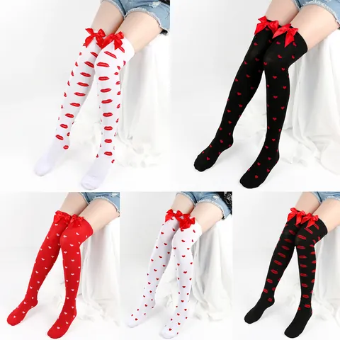 Women's Over The Knee High Socks Polyester Cotton Lip Heart Print Thigh High Stockings With Red Bow For Valentine's Day Party