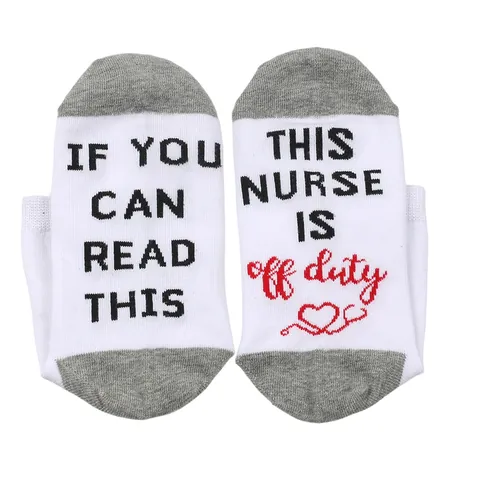 Funny Nurse Teacher Off Duty Slogan Crew Socks White Gray Cotton Blend Contrast Toe Heel Hosiery Novelty Gift For Women