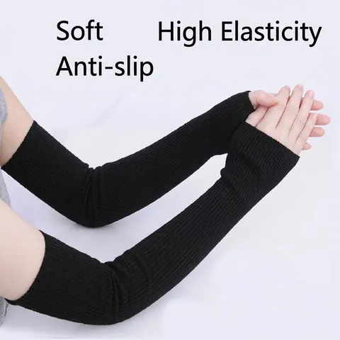 Women Korean Style Long Fingerless Arm Sleeves Knitted Cotton Ruffle Lettuce Edge Warm Arm Warmers Solid Ribbed Mittens