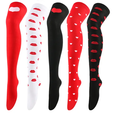 Women Valentine's Day Thigh High Socks Heart Lip Print Over The Knee Socks Polyester Knitted Elastic Stockings For Date Night Party