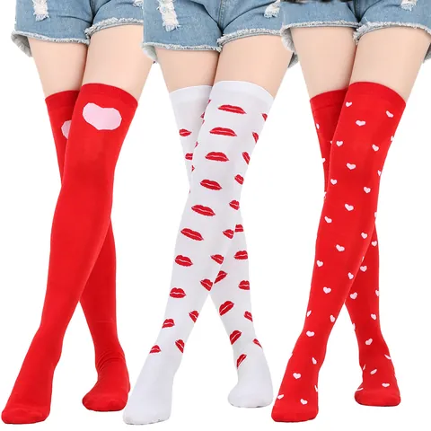 Women Valentine's Day Thigh High Socks Heart Lip Print Over The Knee Socks Polyester Knitted Elastic Stockings For Date Night Party