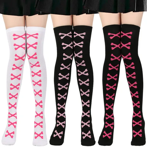 Halloween Party Bone Pattern Over The Knee Socks Gothic Lolita Cosplay Cross Skeleton Print Thigh High Stockings For Women