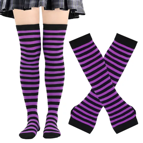 Halloween Christmas Striped Over Knee Socks and Arm Warmers Set Cosplay Long Gloves and Stockings For Women Daily Accessories