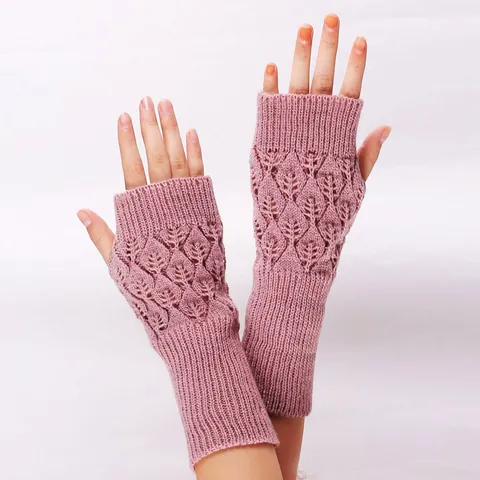 Women Fingerless Knitted Long Gloves Acrylic Hollow Out Leaf Pattern Warm Winter Arm Warmers Mittens Elegant Fashion Accessories