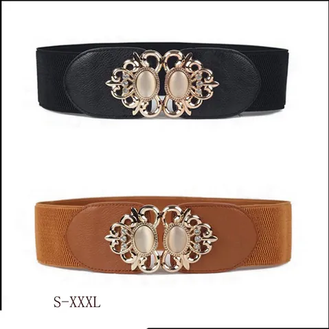 Women Plus Size Elastic Wide Waist Belt Retro Rhinestone Hollow Metal Buckle PU Leather Waist Cincher For Dresses Jewelry Decor