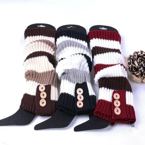 Women Acrylic Ribbed Knit Leg Warmers Slouch Socks Three Button Design Winter Warm Boot Cuffs Jacquard Striped Foot Covers